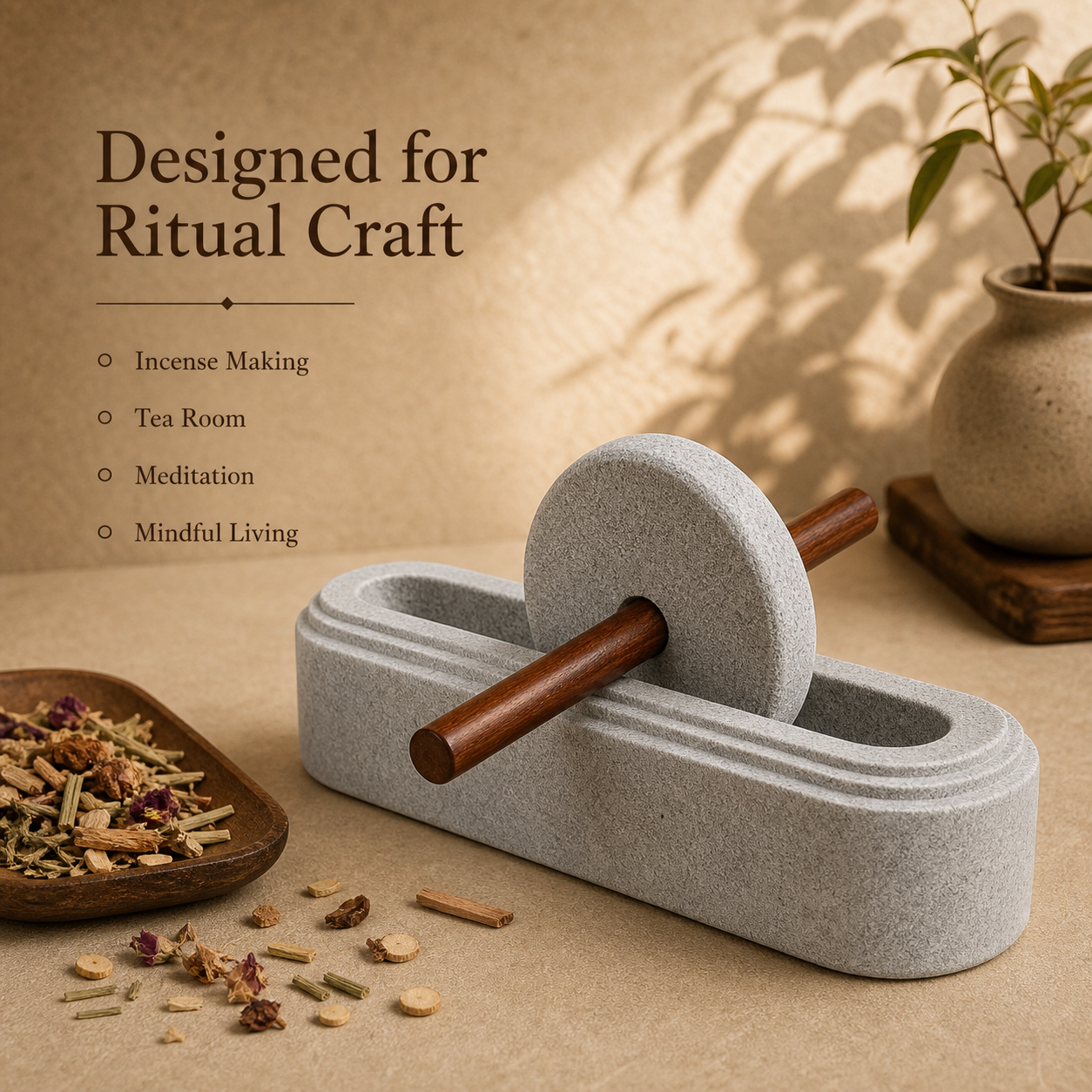 Natural Stone Incense Herb Grinder with Wooden Handle - 20 cm