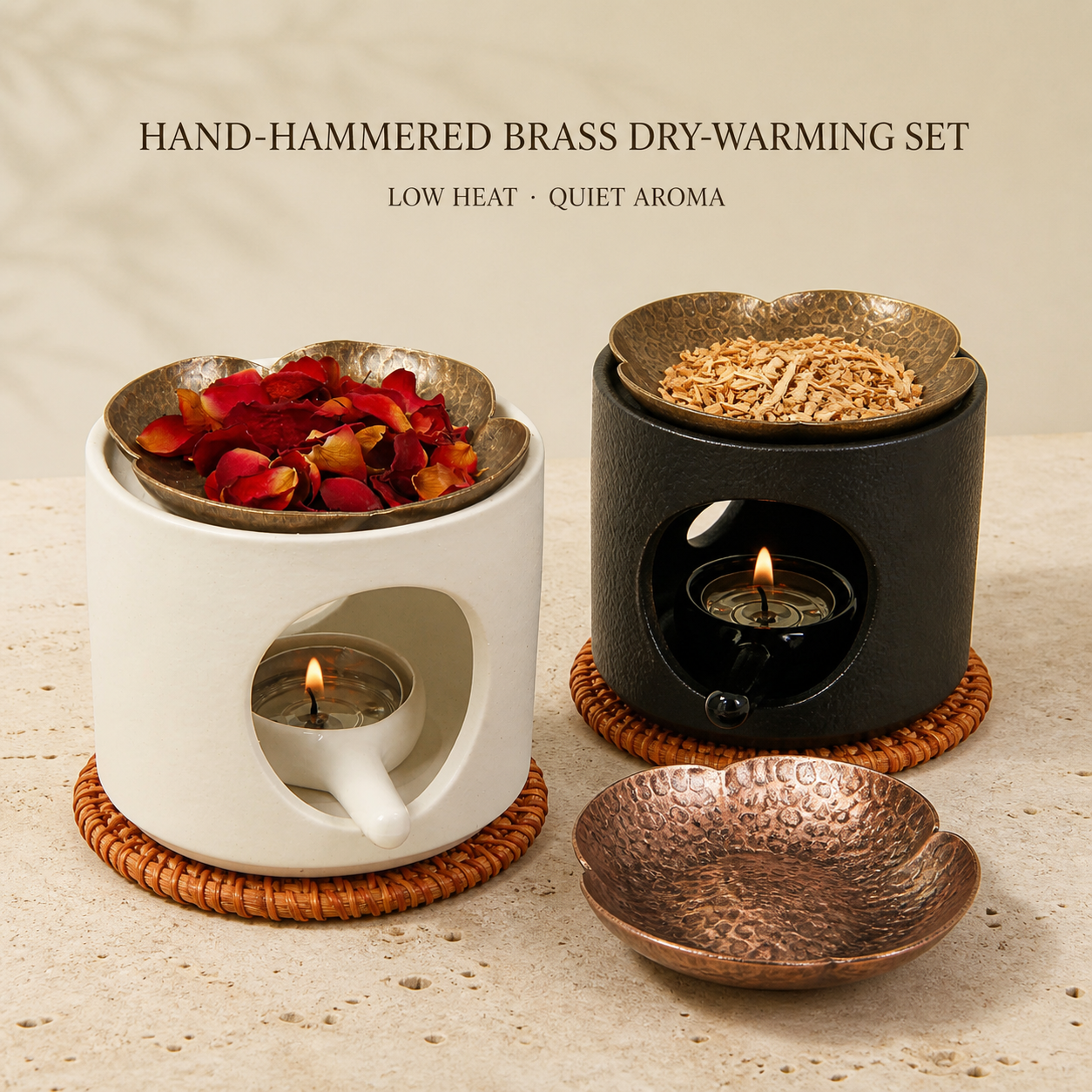 Hand-Hammered Brass Dry-Warming Plate & Ceramic Tealight Burner