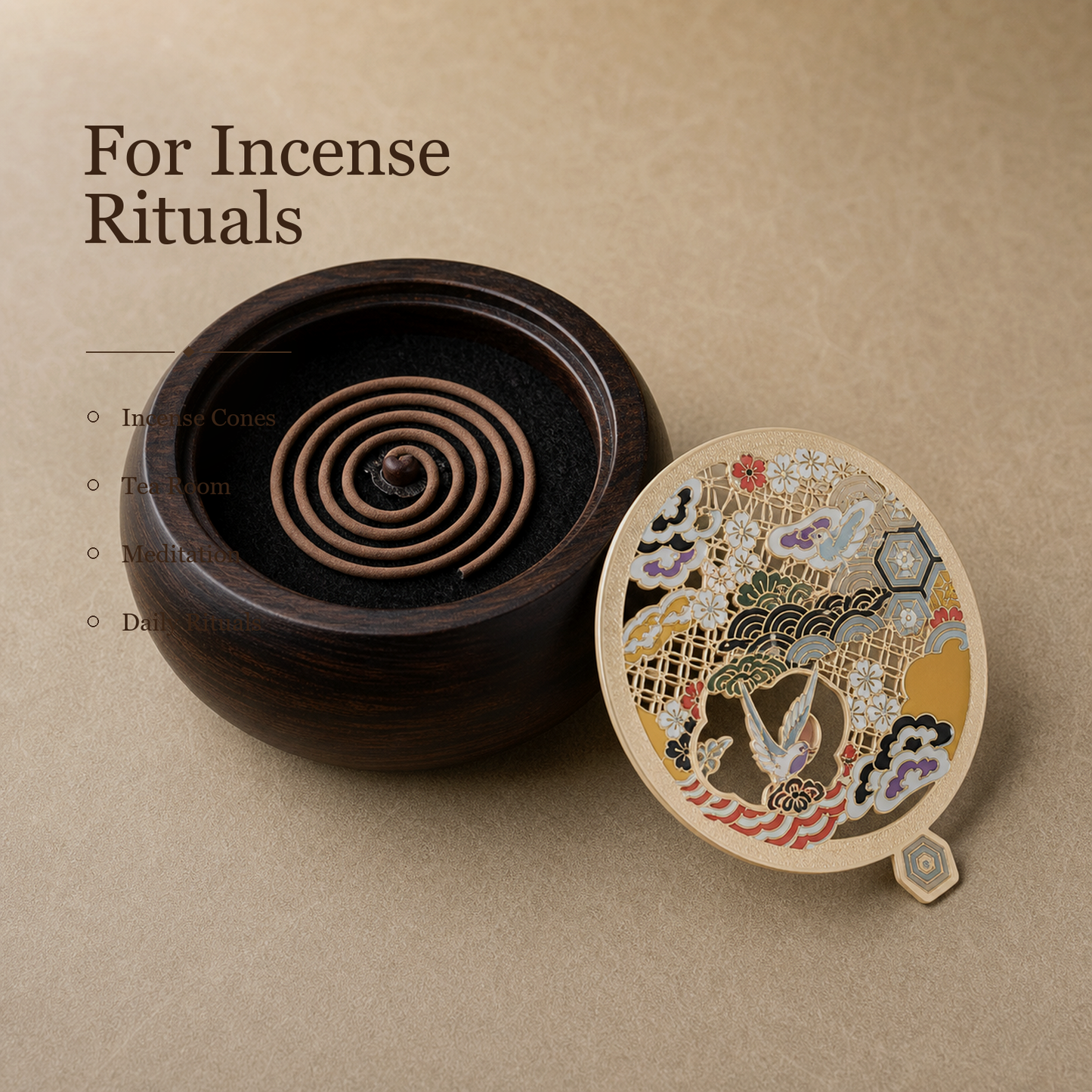 Ebony Wood Enamel Coil Incense Burner