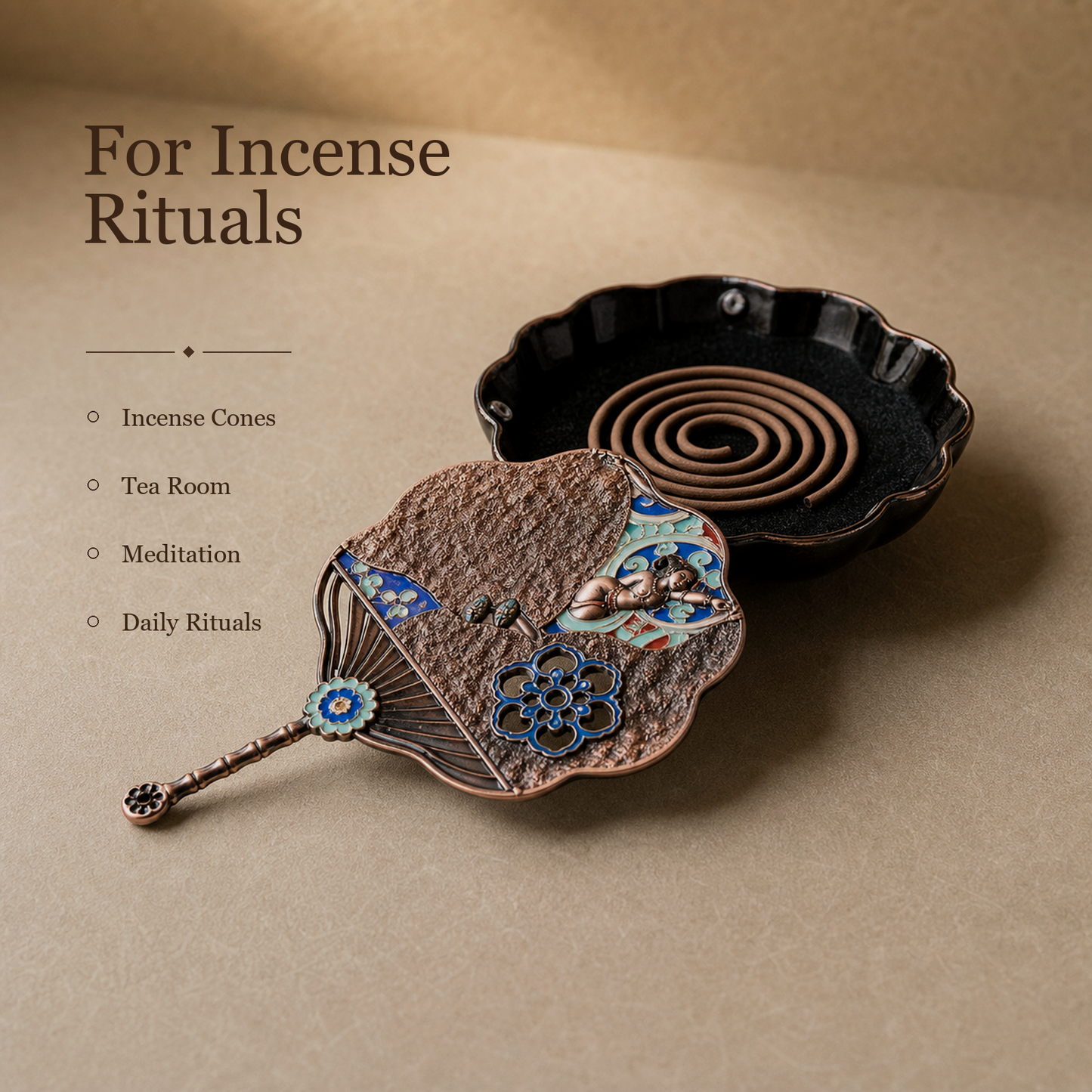 Enamel Fan-Shaped Flying Apsara Incense Burner