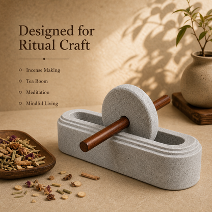 Natural Stone Incense Herb Grinder with Wooden Handle - 20 cm
