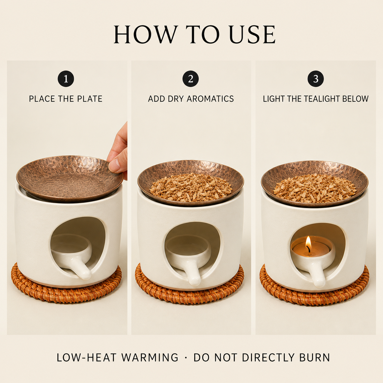 Hand-Hammered Brass Dry-Warming Plate & Ceramic Tealight Burner