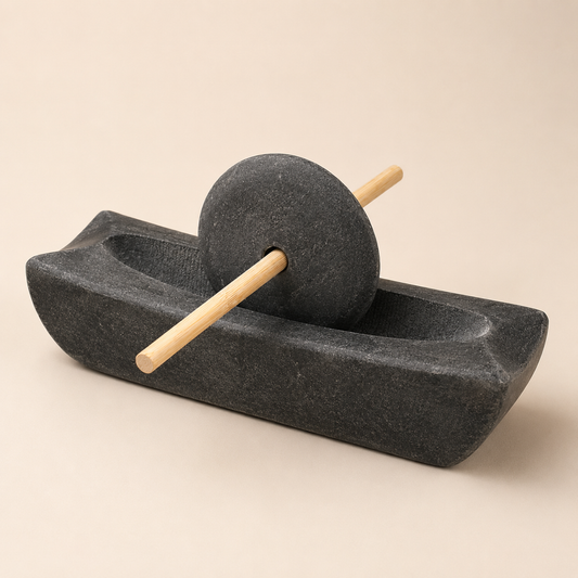 Natural Bluestone Herb Grinder with Bamboo Handle